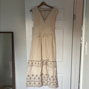 Moon River Cream Maxi Dress with Brown Floral Embroidery